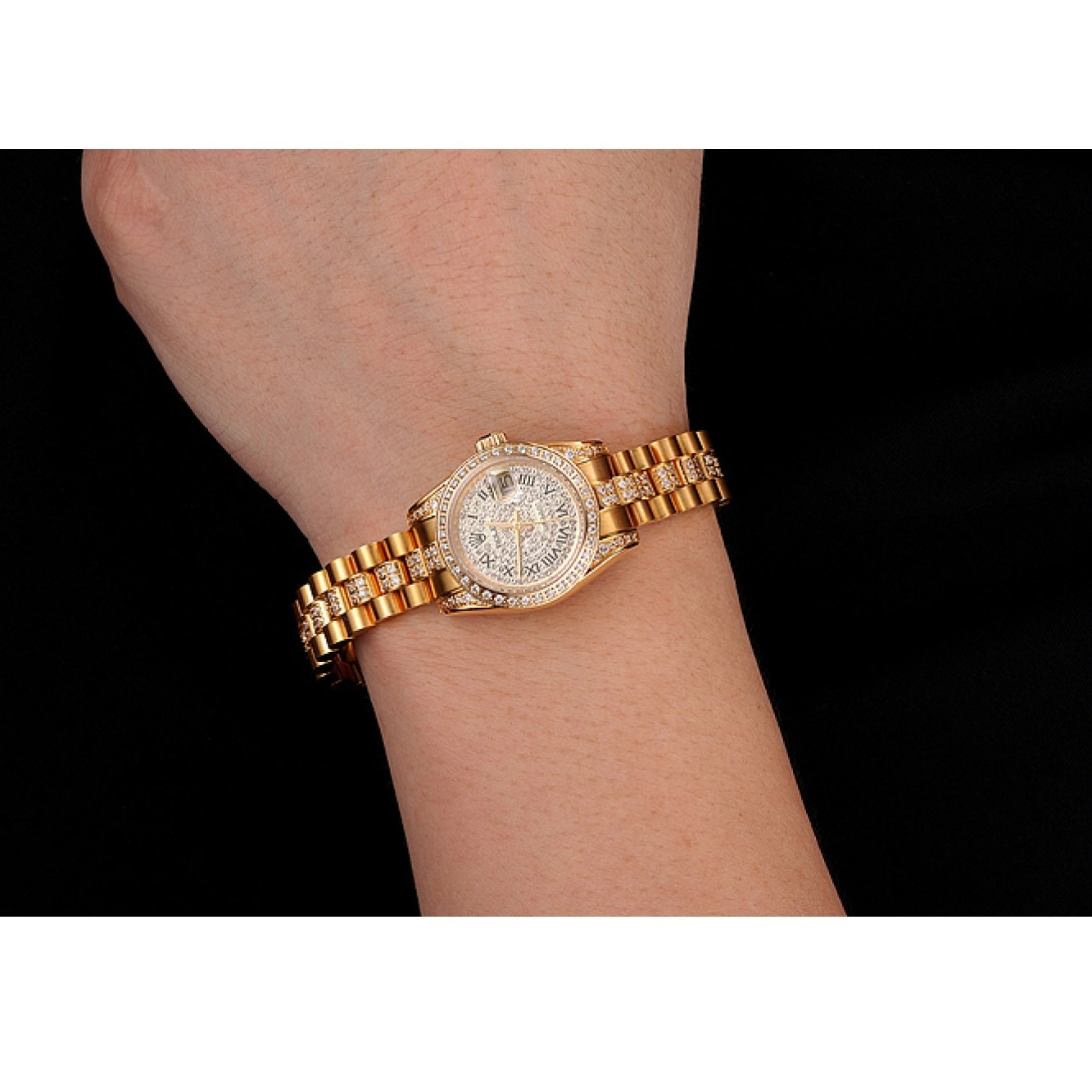 Aaa replica watch Swiss Dial Gold Diamond Rolex 1453955 DayJust Pave Bracelet Diamond 0629